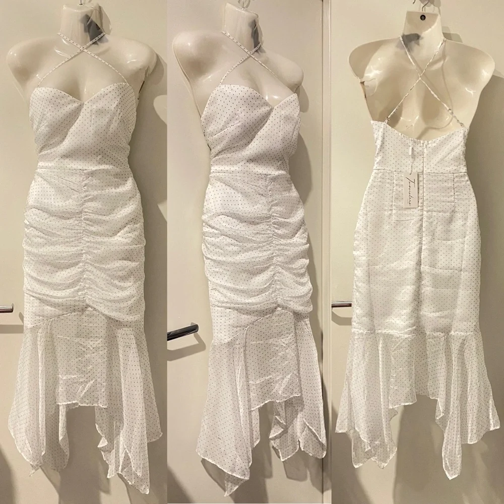 Two sisters ➰ ladies BNWT white/black dots adjustable strap mermaid midi dress 8 - Picture 1 of 5